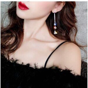 Silver butterfly earrings ,long clear rhinestone fringe chain gold bride earring